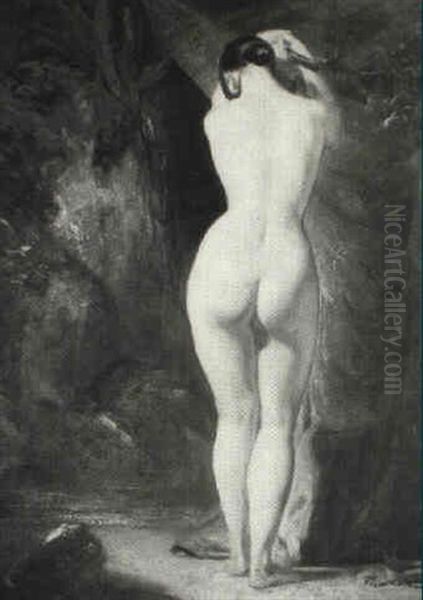 Study Of A Female Nude Standing Full Length Before A Waterfall - view 1