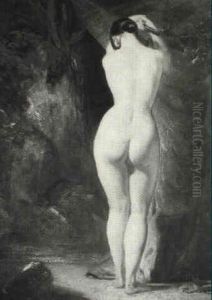 Study Of A Female Nude Standing Full Length Before A Waterfall