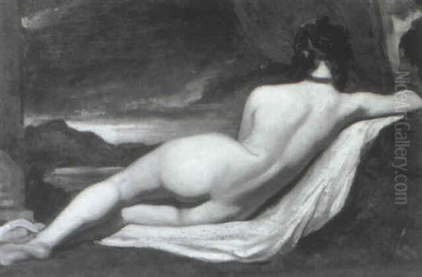 A Reclining Female Nude On A Red Draped Lied With A         Landscape Beyond - view 1