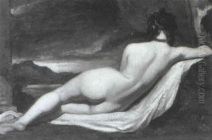 A Reclining Female Nude On A Red Draped Lied With A         Landscape Beyond