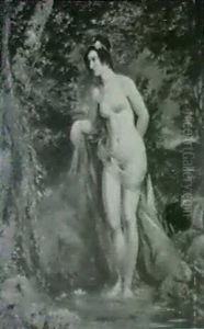 A Female Nude Standing In A Wooded River Landscape by William Etty
