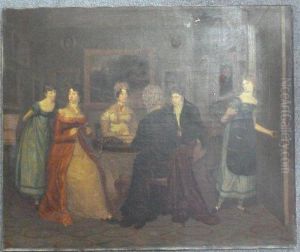 Group Portrait 
With Four Adults At A Table And Two Young Ladies Standing