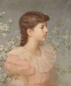 Portrait Of A Young Girl Surrounded By Flowers by De Scott Evans