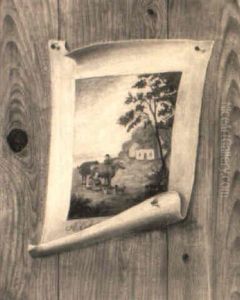 A Tromp L'oeil Of A Print Pinned To A Wooden Wall by De Scott Evans