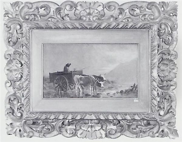 Landscape Of Two Oxen Pulling A Cart And A Man In A Red Coat - view 1