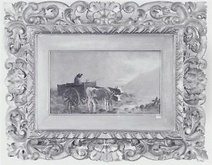 Landscape Of Two Oxen Pulling A Cart And A Man In A Red Coat