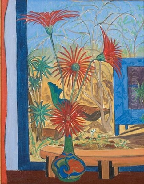 A Still Life Of Gerberas In A Blue, Green And Red Vase, And A View Through A Window - view 1