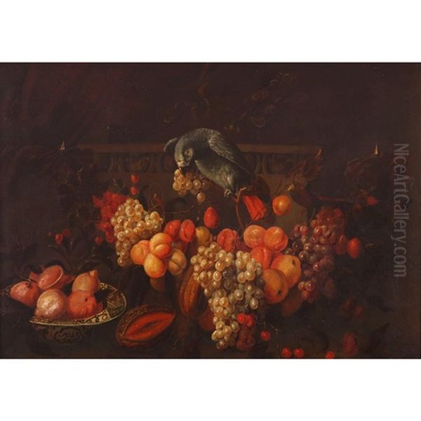 Still Life Of Grapes, Peaches, Melons, Lemons And A Parrot - view 1