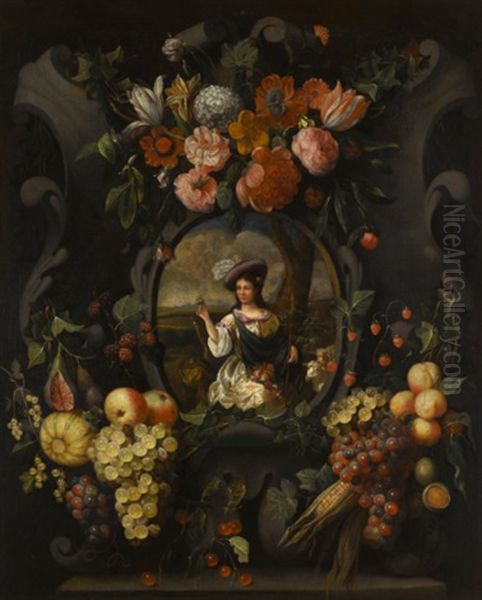 A Cartouche Still Life Of Flowers And Fruit Around A Portrait Of A Lady Dressed As A Shepherdess - view 1