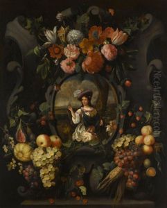 A Cartouche Still Life Of Flowers And Fruit Around A Portrait Of A Lady Dressed As A Shepherdess by Frans Van Everbroeck