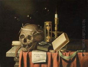 Memento Mori. Vanitasstillleben Mit Schadel, Sanduhr, Kandelaber, Buchern Und Einer Haarlocke