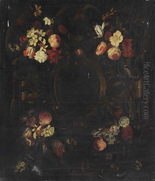 A Stone Cartouche Surrounded By Flower Garlands With Tulips, Roses, Blossoms, Daffodils, Peonies And Daisies - view 1