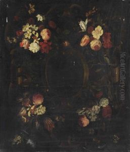 A Stone Cartouche Surrounded By Flower Garlands With Tulips, Roses, Blossoms, Daffodils, Peonies And Daisies by Frans Van Everbroeck