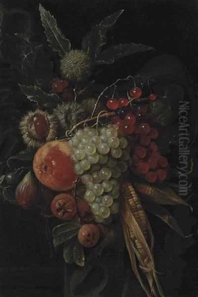 Grapes, Cherries, An Apple, Figs, Chestnuts And Corn - view 1