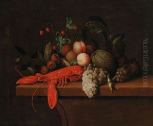 Ein Prunkstillleben Mit Einem Hummer, Trauben, Pfirsichen, Granatapfeln, Einer Melone Und Walderdbeeren Auf Einer Steinbrustung
