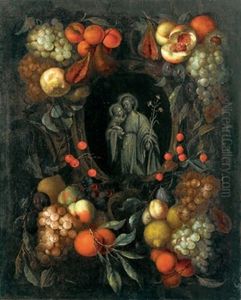 Eine Steinerne Kartusche Mit Einem Kranz Von Fruchten, In Der Mitte Der Heilige Josef Mit Dem Jesusknaben