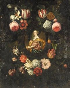 Portrait Of A Lady Surrounded By A Floral Garland by Frans Van Everbroeck