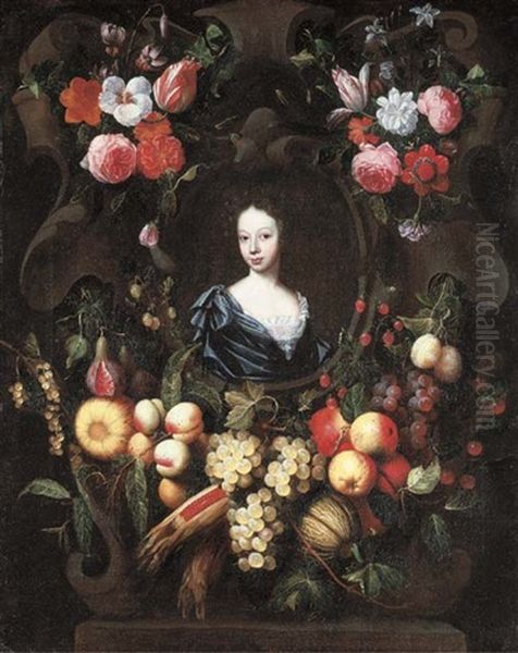 Portrait Of A Lady, Bust-length, In A Blue Dress, In An Architectural Niche Surrounded By A Garland Of Fruit, Vegetables And Flowers - view 1