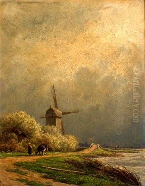 Landschap Met Koeherderin Bij Een Molen - view 1
