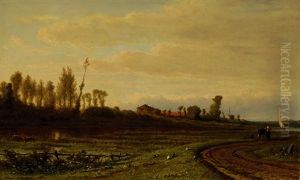 Woman With Cow On A Road At The Falling Of Dusk In A Polderscape by Adrianus van Everdingen
