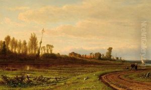 Woman With A Cow On A Road In A Polder Landscape By Dusk by Adrianus van Everdingen