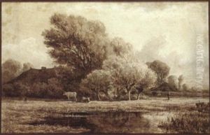 A Landscape With Cows Near A Pool