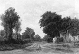 A Peasant And A Horse-drawn Cart On A Sandy Path By A Farm A Peasant And A Horse-drawn Cart On A Sandy Path By A Farm