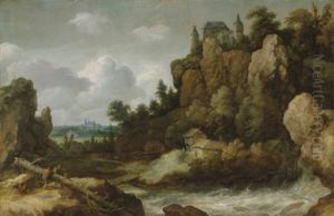 An Extensive Landscape With A Waterfall, With A Hilltop Castle And A Village Beyond by Allaert van Everdingen