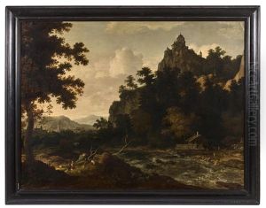 Paysage De Riviere Anime De Personnages Au Pied D'une Forteresse
