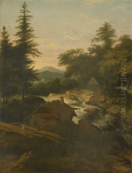 River Landscape With Cottage - view 1