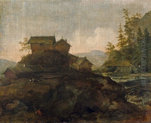 Norwegische Flusslandschaft Mit Blockhausern - view 1
