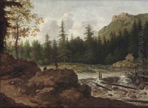 A Scandinavian River Landscape With Herdsmen On A Rock By A Waterfall by Allaert van Everdingen
