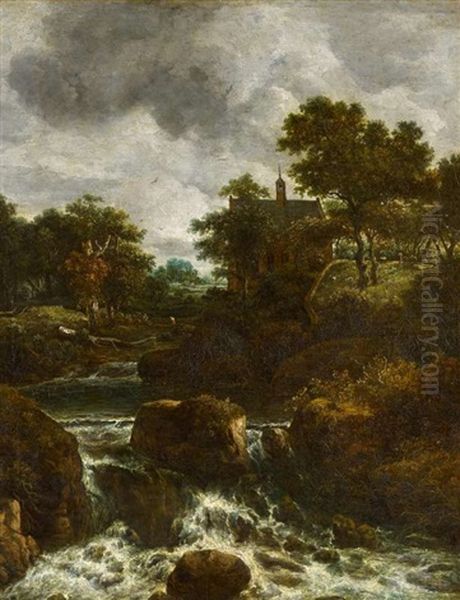 Bewaldete Landschaft Mit Wasserfall Und Alter Kirche - view 1