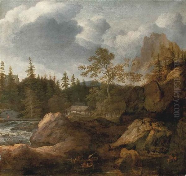 A Scandinavian River Landscape With Figures In Boats By A Shore - view 1