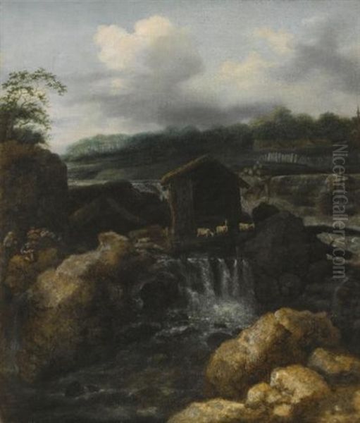 A Nordic Landscape With Herders Resting Beside A Waterfall - view 1
