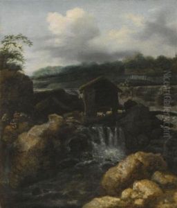 A Nordic Landscape With Herders Resting Beside A Waterfall by Allaert van Everdingen