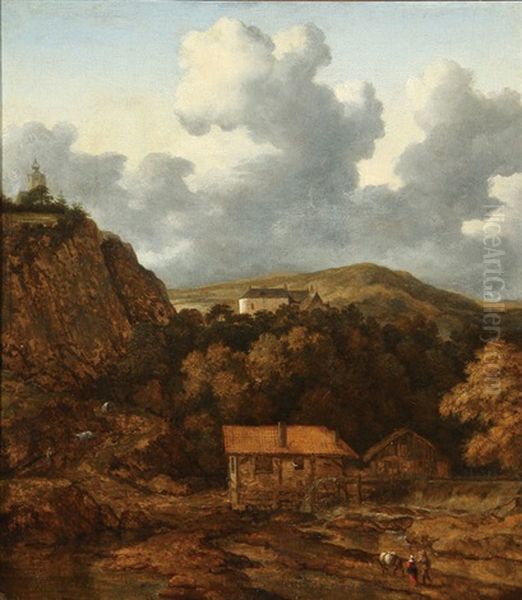 Travelers In An Expansive Landscape With Mill - view 1