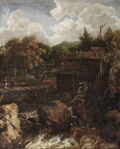 A Scandinavian Landscape With A Watermill And Figures On A Bridge by Allaert van Everdingen