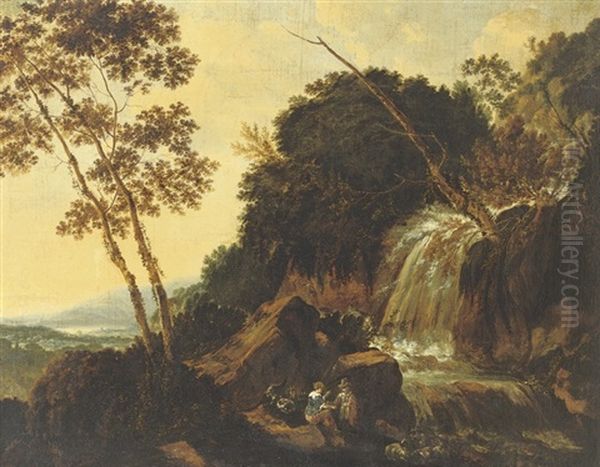 A Mountainous River Landscape With Peasants - view 1