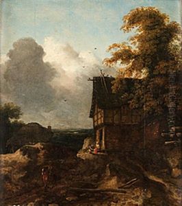 Landskap Med Korsvirkesbyggnad Och Figurer by Allaert van Everdingen