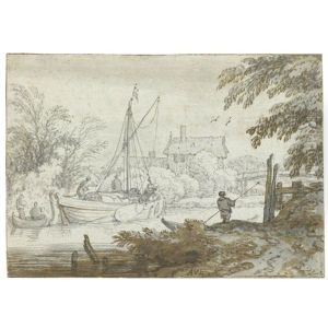 River Scene With A Masted Boat Unloading Its Goods And A Figure Punting In The Foreground River Scene With A Masted Boat Unloading Its Goods And A Figure Punting In The Foreground
