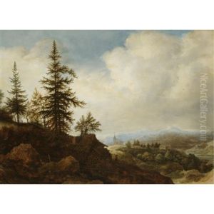 A Mountainous Landscape With A Figure Passing A Timber Shed In The Foreground