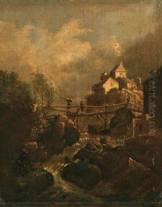 Landscape With Travelers Crossing A Bridge by Allaert van Everdingen