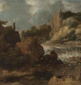 A Scandinavian River Landscape With Rapids And An Artist Sketching In The Foreground