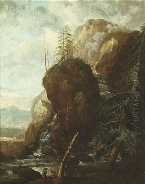 Gebirgslandschaft Mit Wasserfall Und Zwei Rastenden Bauern - view 1