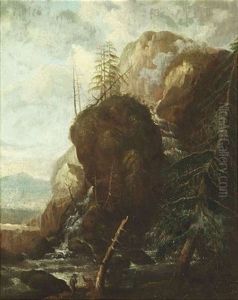 Gebirgslandschaft Mit Wasserfall Und Zwei Rastenden Bauern by Allaert van Everdingen