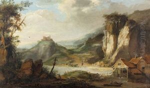 Hugelige Flusslandschaft Mit Fischern Vor Hausergruppe by Allaert van Everdingen