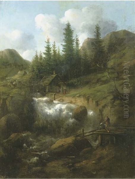 A Rocky Nordic Landscape With A Waterfall And Wooden Barns, Two Figures On A Bridge In The Foreground - view 1