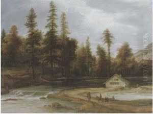 A Nordic River Landscape With Travellers On A Track Near A Waterfall, A Cottage Beyond