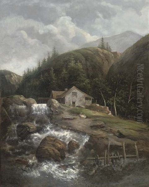 A Mountainous Wooded Landscape With A Cottage By A Waterfall - view 1